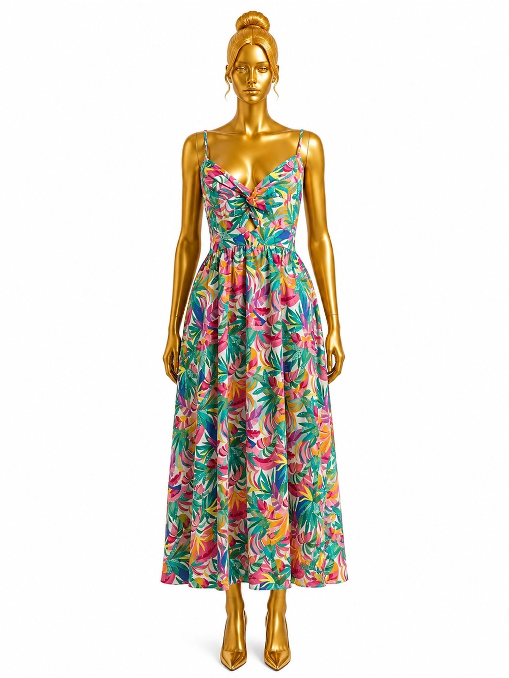SHEIN Tropical Twist Tie-Front Maxi Dress in Pink, Green & Yellow